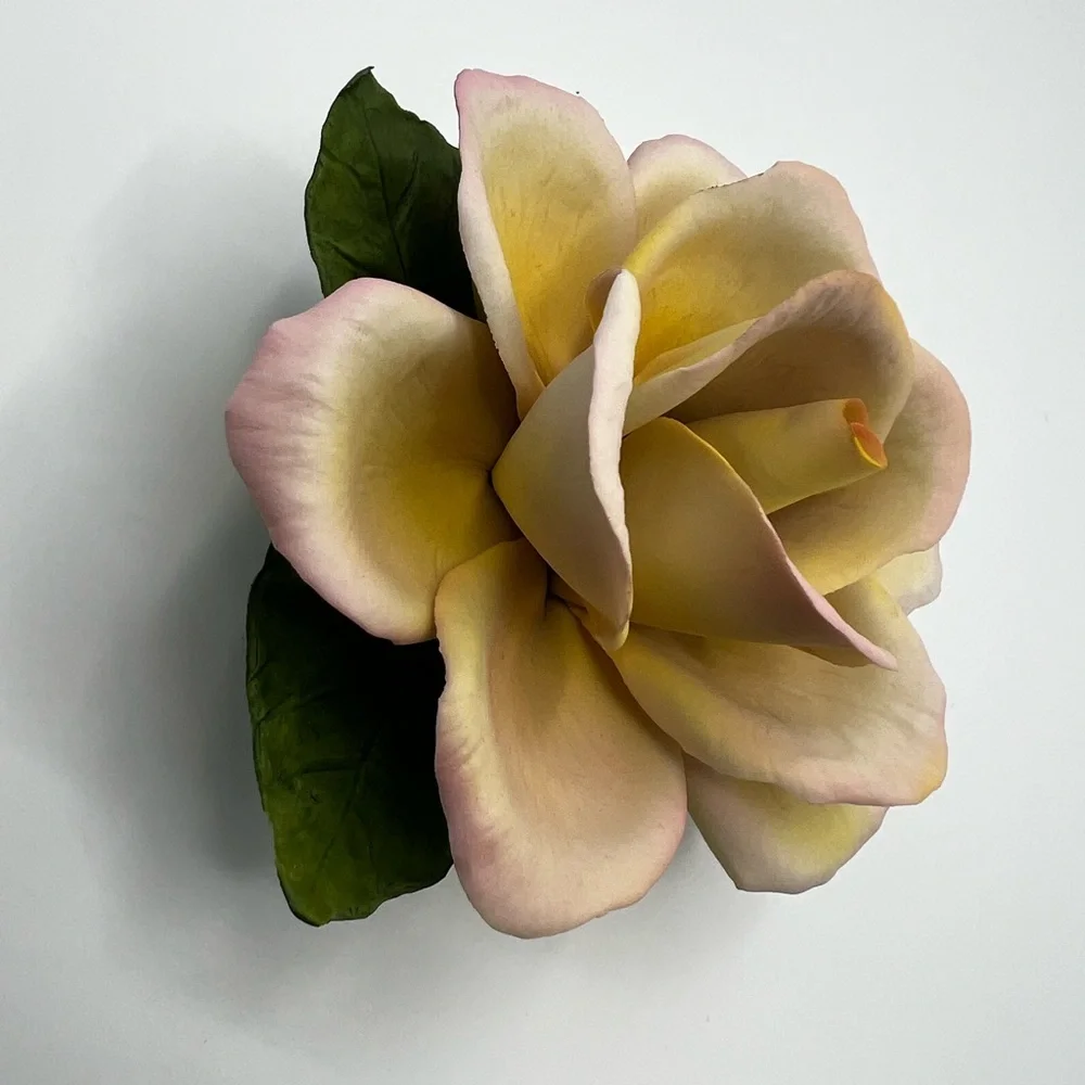 Napoleon Italy Pink /Yellow Rose Ceramic Porcelain Flower With Sticker Beautiful